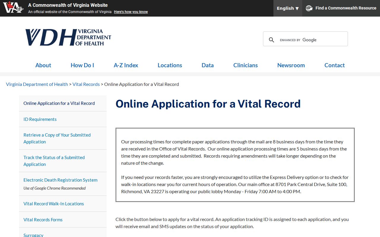Cherry Hill resident lookup through the Virginia vital record application
